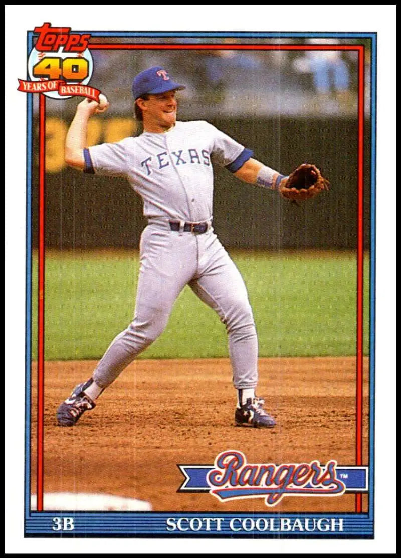 Texas Rangers baseball card of Scott Coolbaugh in gray uniform making a throw