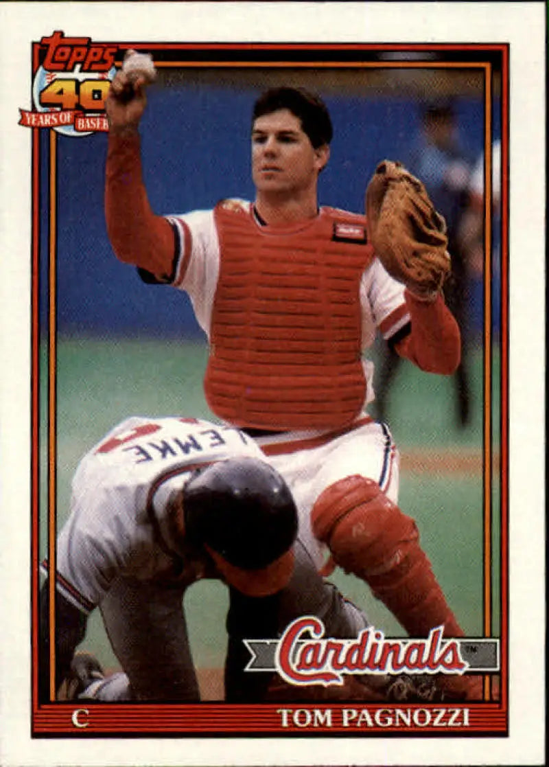 Vintage 1991 Topps baseball card of Tom Pagnozzi, catcher for the St. Louis Cardinals