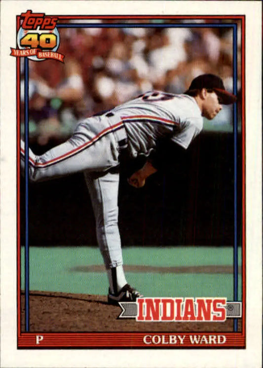 Cleveland Indians Colby Ward rookie card showing pitcher in delivery with red-trimmed uniform