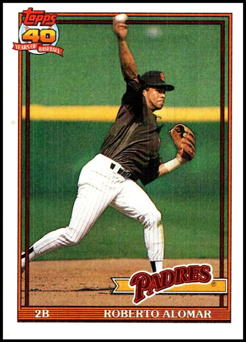 Baseball card of Roberto Alomar in throwing motion for San Diego Padres