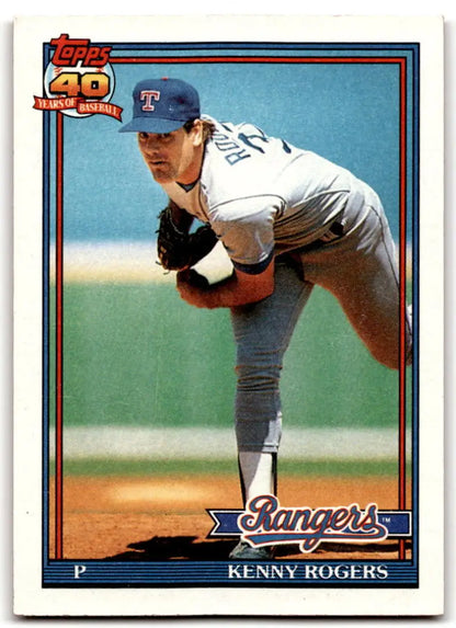 Baseball card of Kenny Rogers pitching for the Texas Rangers in mid-delivery motion