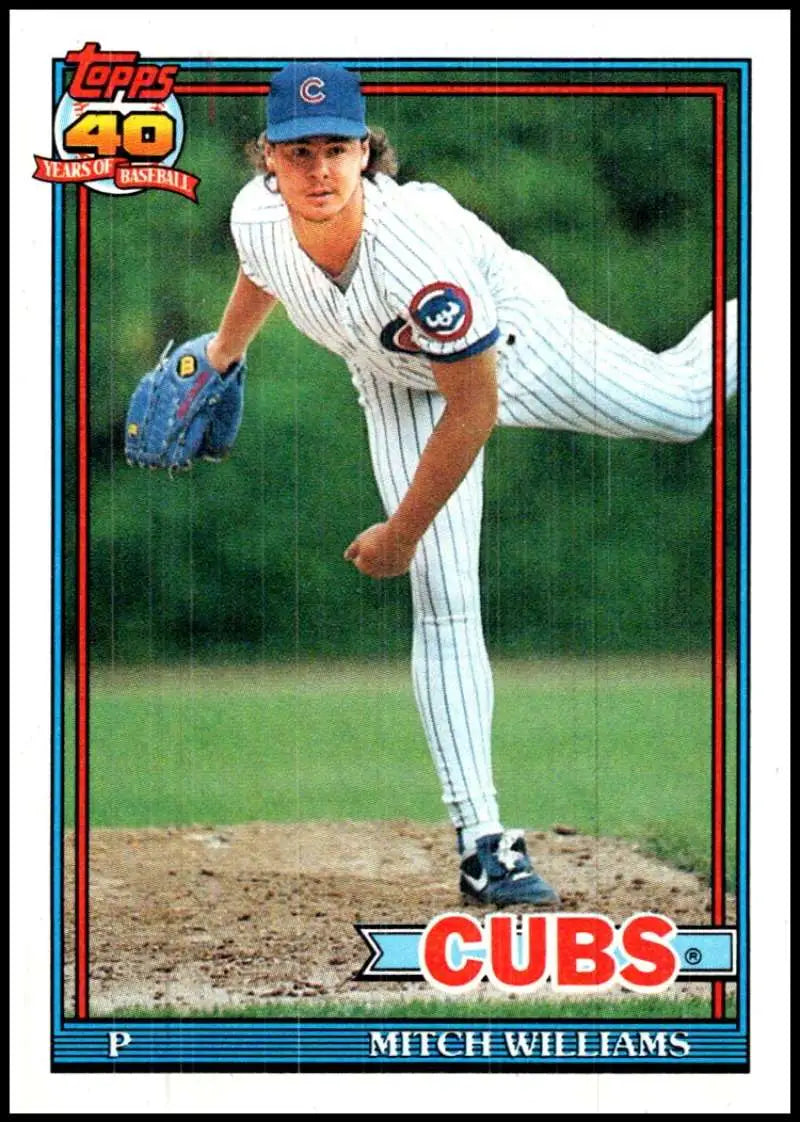 Mitch Williams pitching in pinstriped home uniform on Chicago Cubs baseball card