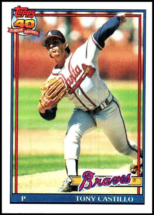 Tony Castillo Atlanta Braves baseball card showing pitcher in mid-throwing motion