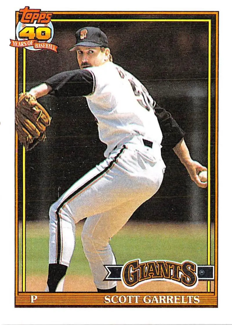 Baseball card of San Francisco Giants pitcher Scott Garrelts in mid-delivery