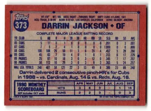 Darrin Jackson San Diego baseball card with original gloss from 1991 Topps #373