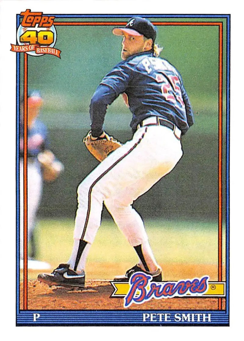 Baseball card of Pete Smith pitching for Atlanta Braves in navy jersey and white pants