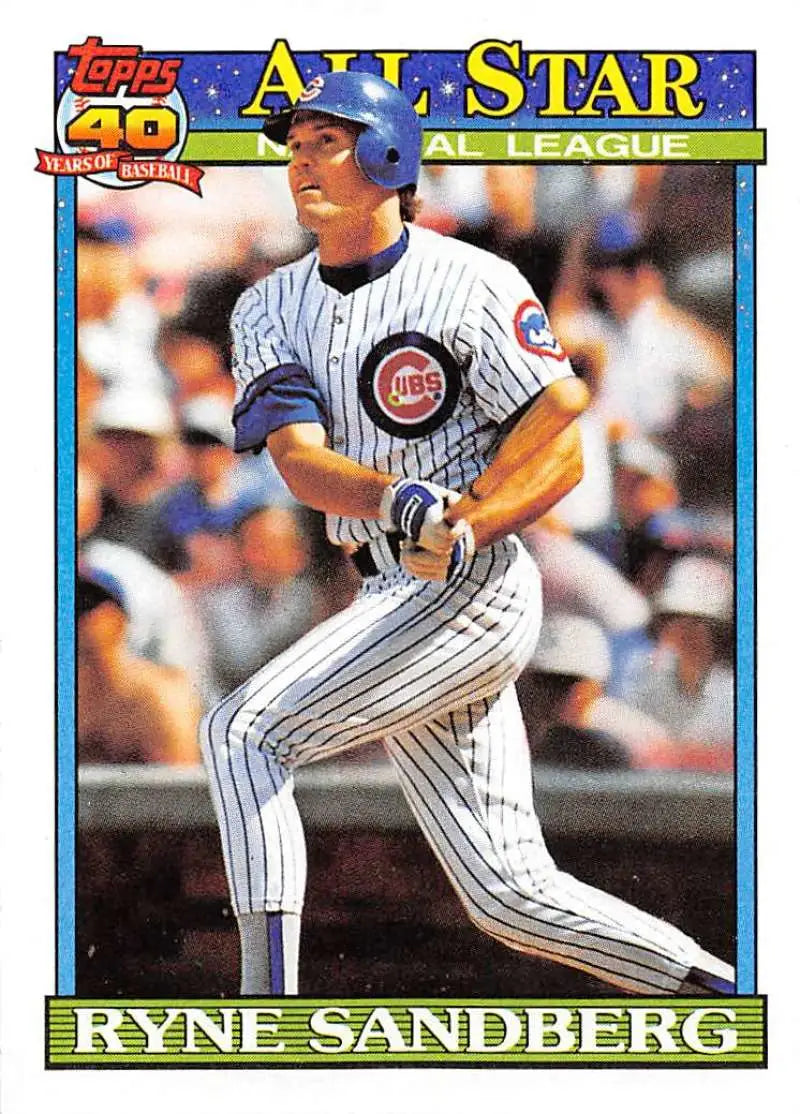 Ryne Sandberg batting in white pinstriped uniform on Chicago Cubs baseball card