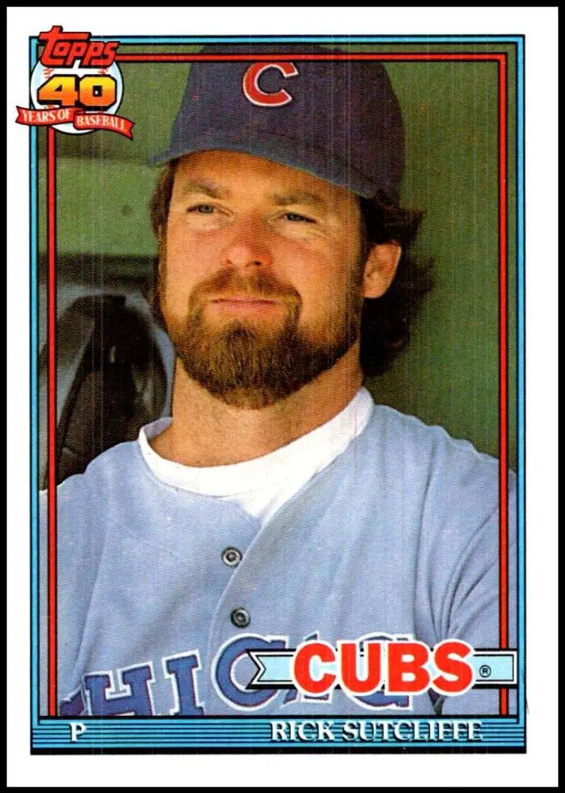 Rick Sutcliffe Chicago Cubs baseball card featuring player in cap and white jersey