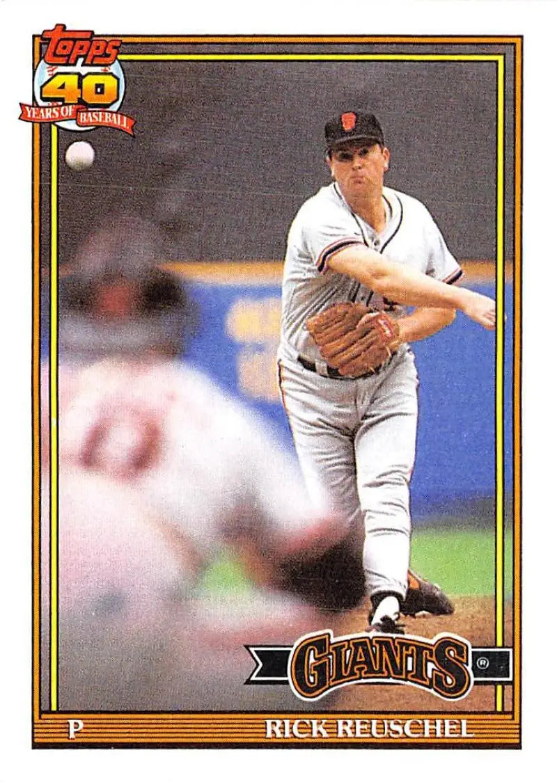 Baseball card of Rick Reuschel pitching for the San Francisco Giants in gray uniform