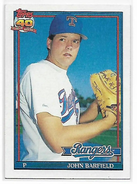 Baseball card of John Barfield in white uniform for Texas Rangers with yellow glove