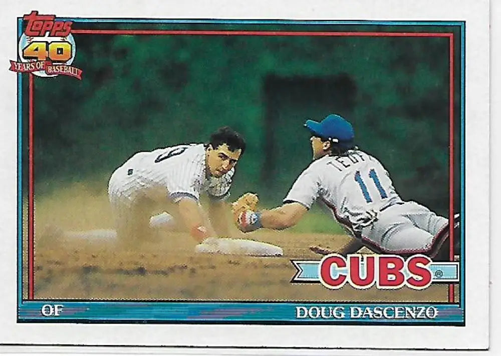 Baseball card of Doug Dascenzo sliding into second base during a Cubs game