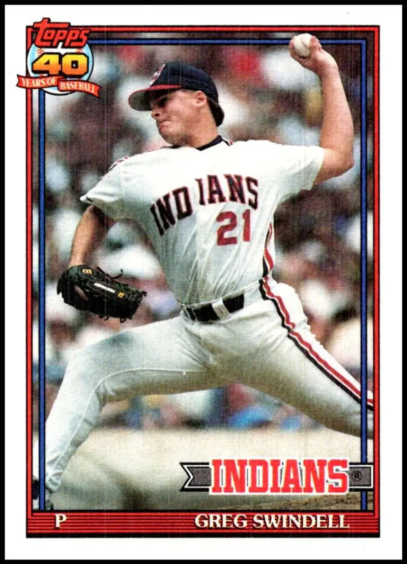 1991 Topps baseball card of Greg Swindell, Cleveland Indians pitcher in mid-throw