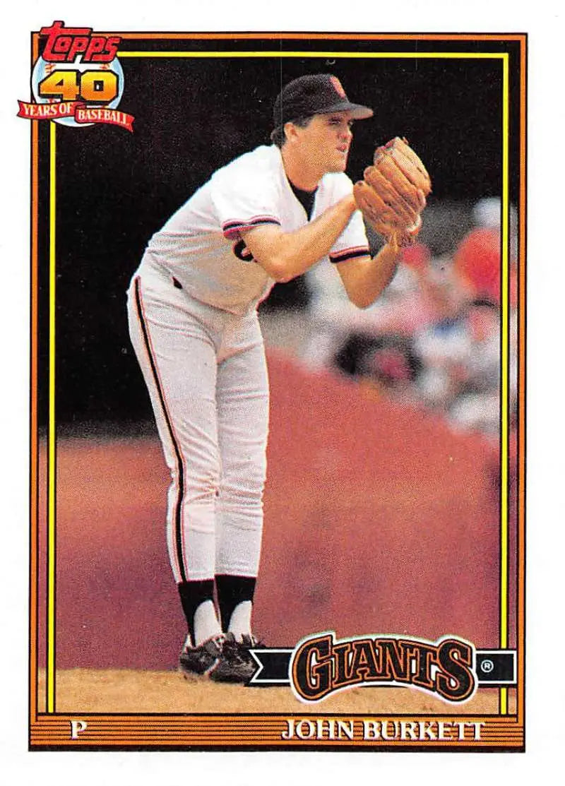 San Francisco Giants pitcher John Burkett mid-delivery on 1991 Topps #447 baseball card