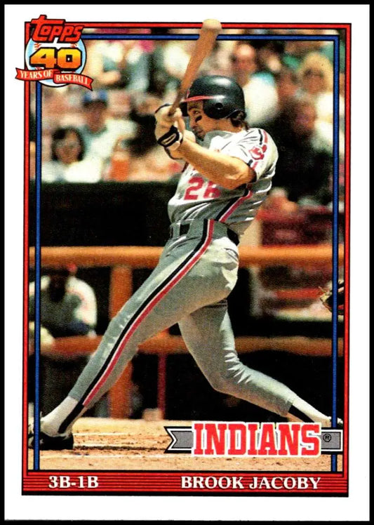 Cleveland Indians baseball card of Brook Jacoby in gray away uniform at bat