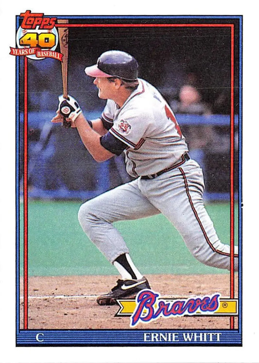 1991 Topps #492 Ernie Whitt baseball card featuring Atlanta Braves player batting stance