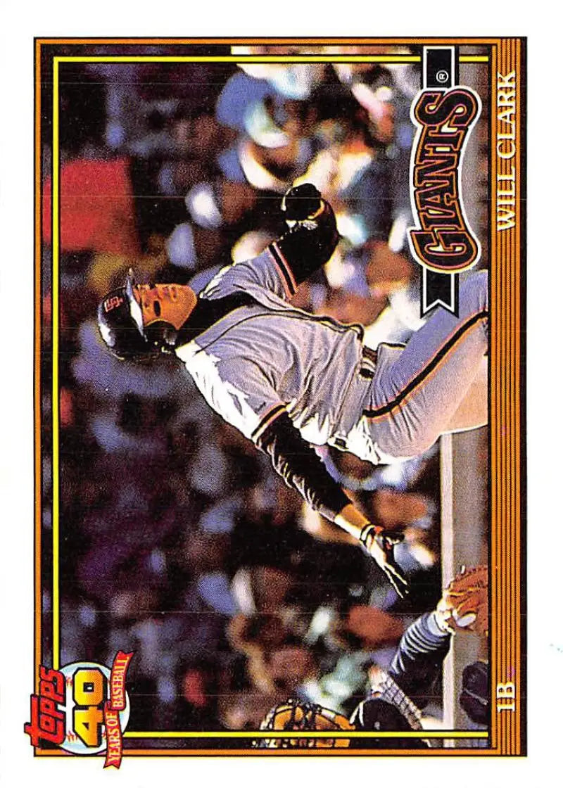 Baseball card featuring San Francisco Giants player Will Clark leaping in action