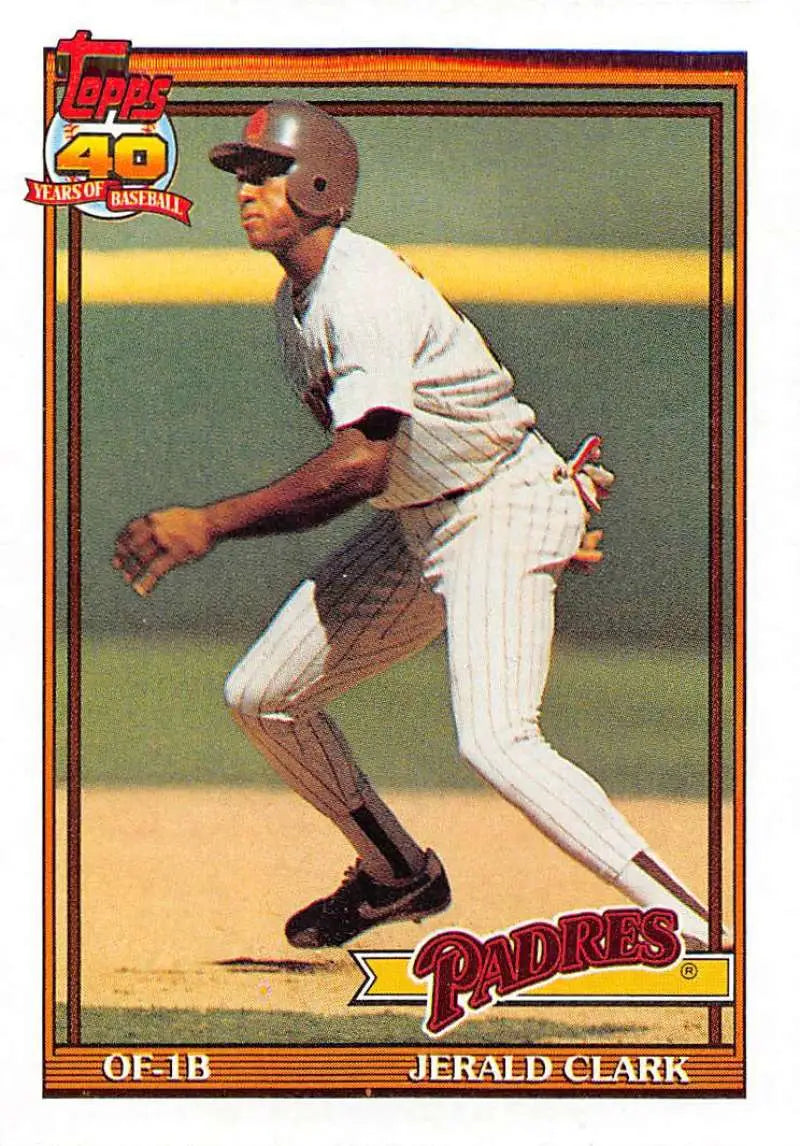 1991 Topps baseball card of San Diego Padres player Jerald Clark in fielding stance