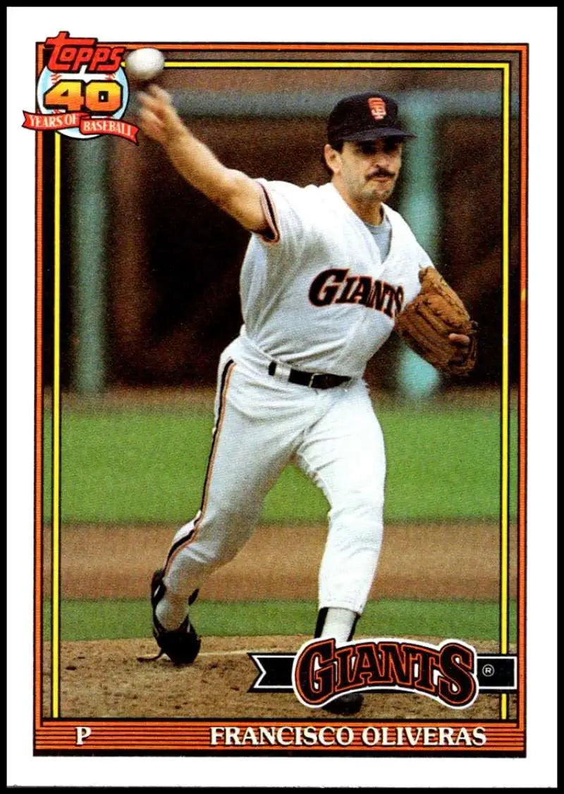 Baseball card of Francisco Oliveras pitching in a San Francisco Giants home uniform