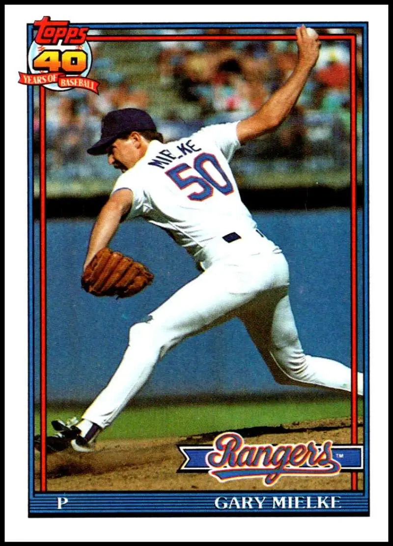 Texas Rangers baseball card of Gary Mielke #50 mid-delivery in white uniform