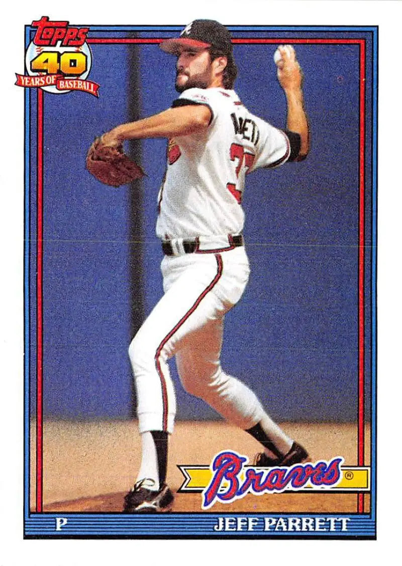 Baseball card of Jeff Parrett pitching for Atlanta Braves in white home uniform