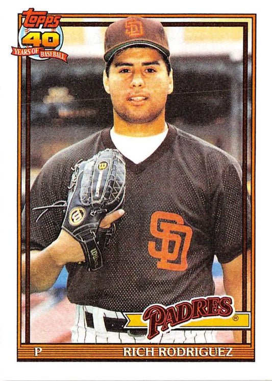 Rich Rodriguez San Diego Padres pitcher baseball card in black uniform from 1991 Topps