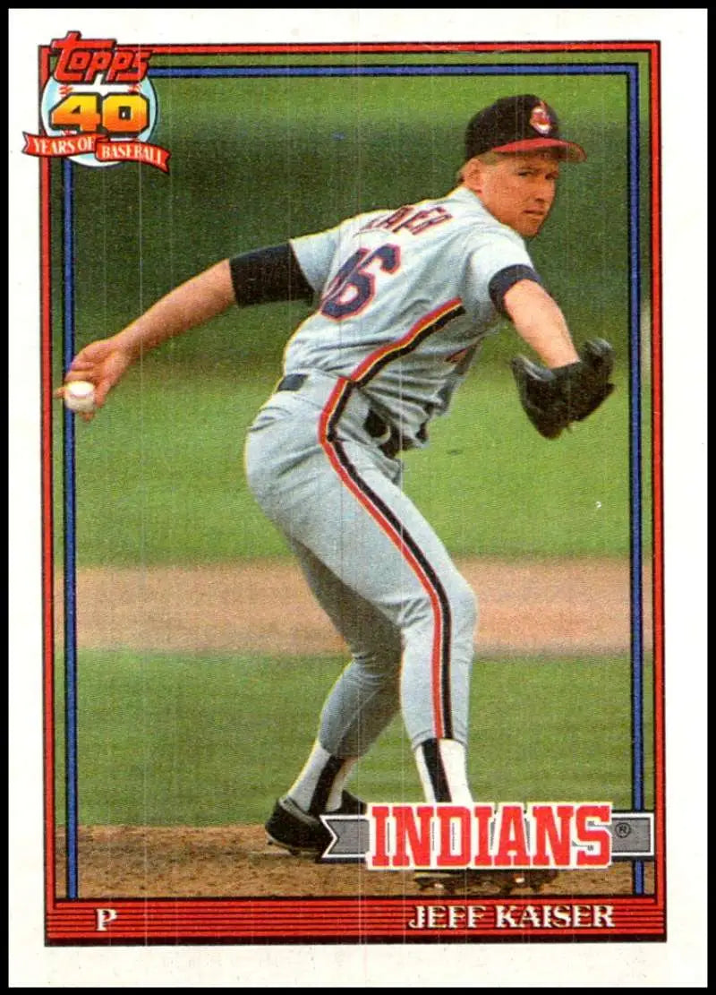 Baseball card of Jeff Kaiser pitching for the Cleveland Indians in white uniform