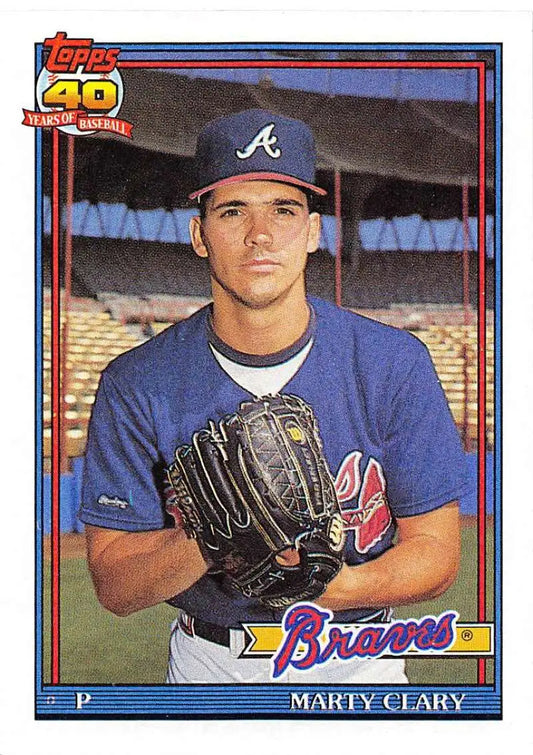 Marty Clary Atlanta Braves baseball card showing pitcher in blue uniform with glove