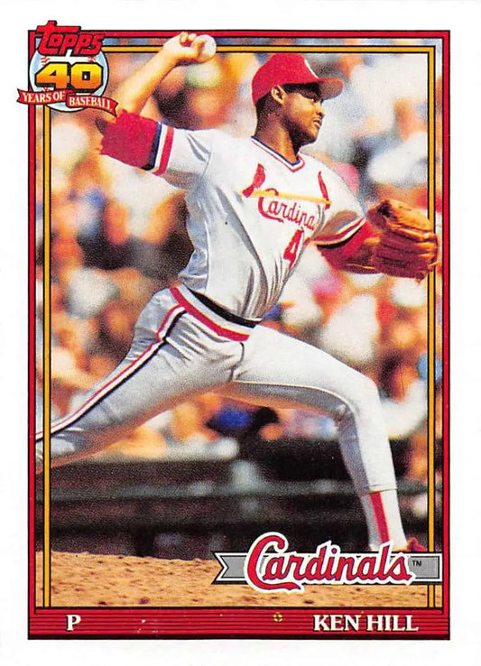 Ken Hill pitching in white and red uniform on St. Louis Cardinals baseball card