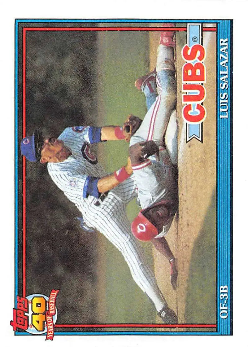 Baseball card featuring Luis Salazar defending against a sliding runner for Chicago Cubs