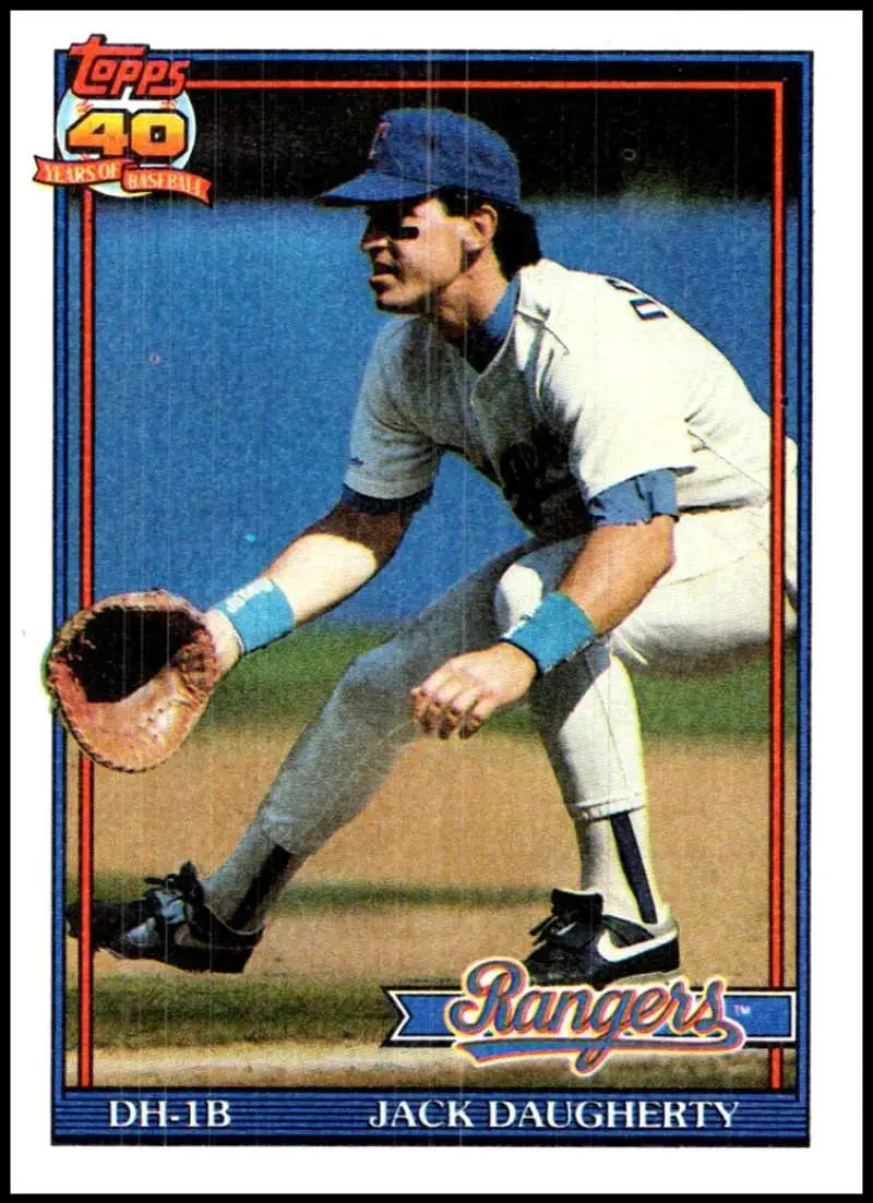 Jack Daugherty fielding stance on 1991 Topps Texas Rangers baseball card