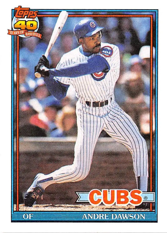 1991 Topps baseball card of Andre Dawson, Chicago Cubs player in pinstriped uniform