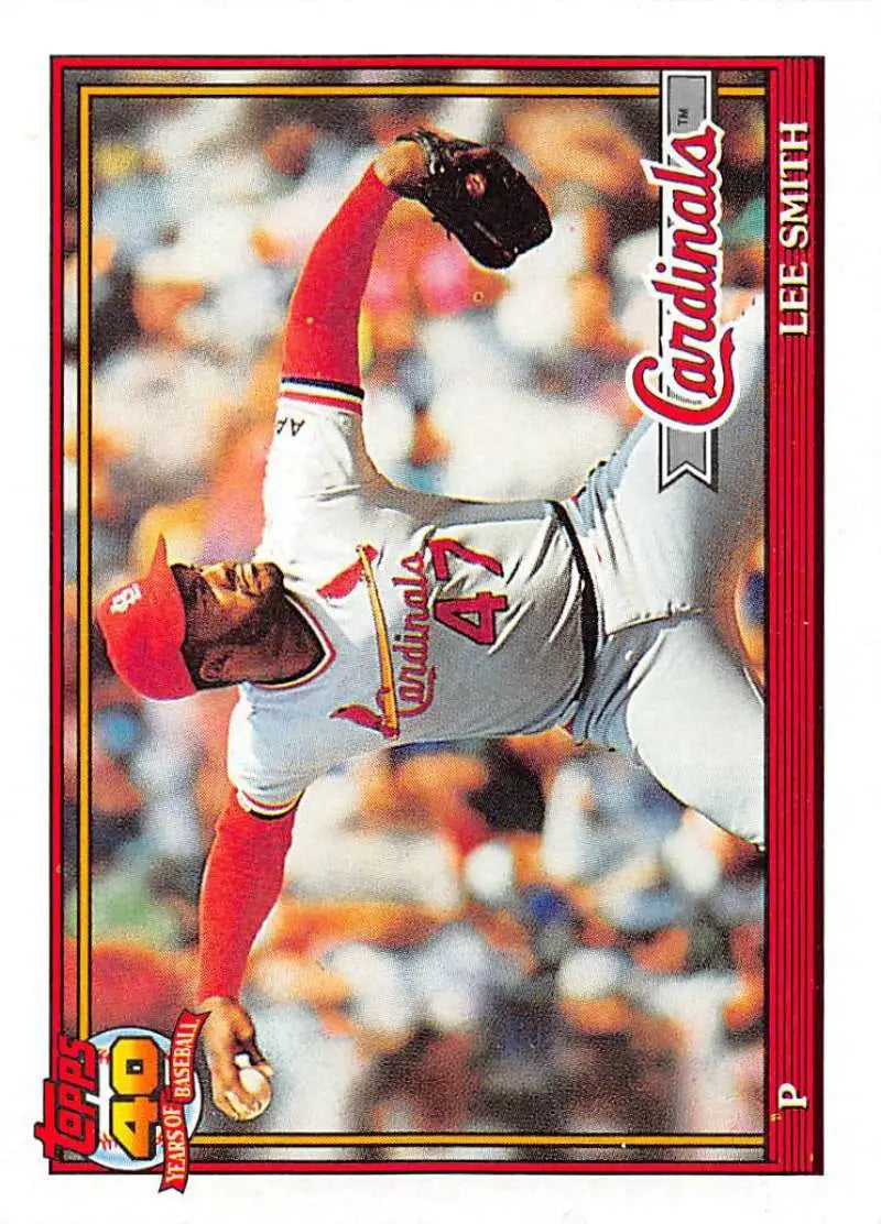 Lee Smith St. Louis Cardinals Baseball Card in mid-delivery action, white uniform, red accents