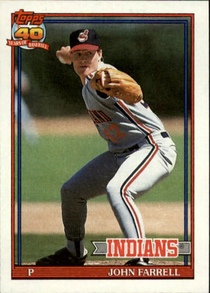 Cleveland Indians Baseball Card of John Farrell in mid-throwing motion, navy and white uniform