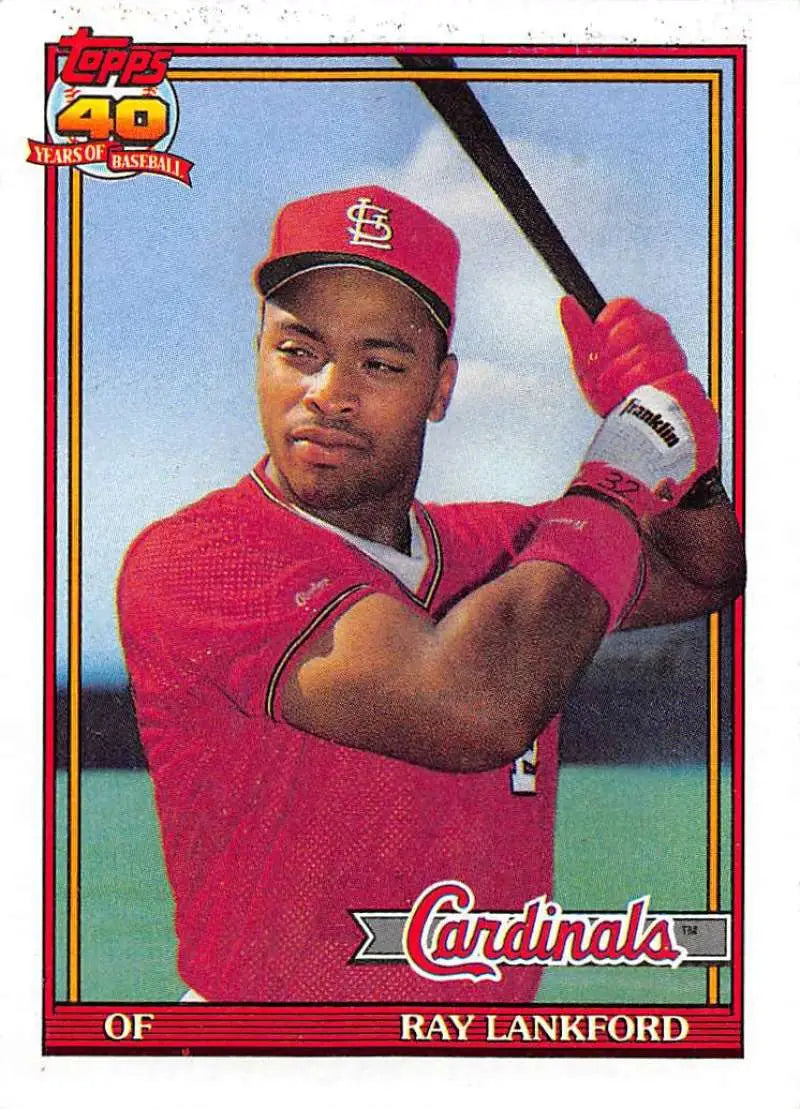 1991 Topps Ray Lankford Baseball Card featuring St. Louis Cardinals outfielder batting stance