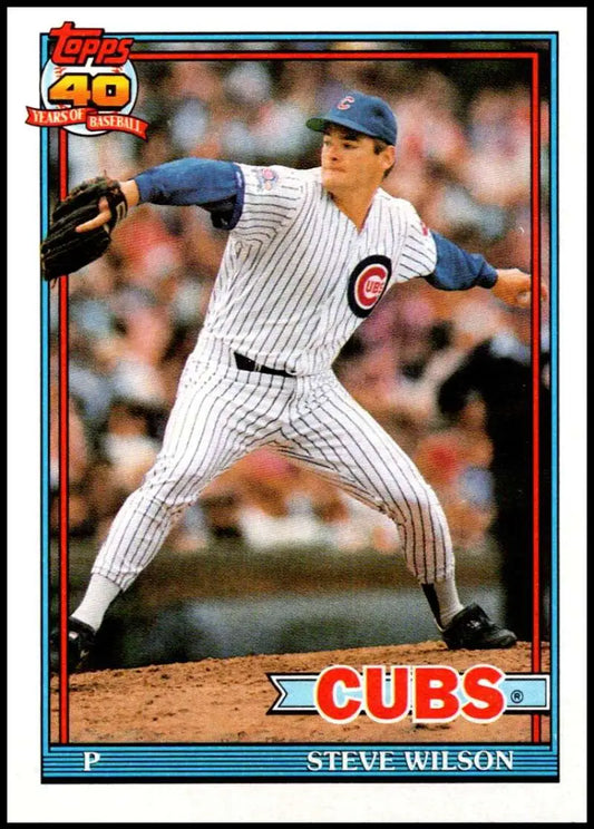 1991 Topps Steve Wilson Chicago Cubs baseball card with pitcher in pinstripes