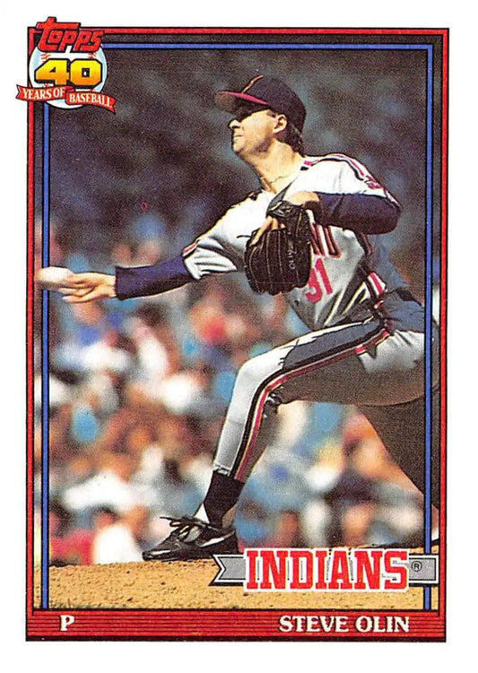 Steve Olin delivering a pitch in his Cleveland Indians baseball card 1991 Topps #696