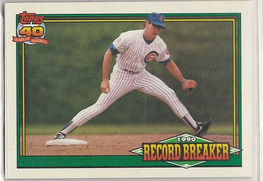 Ryne Sandberg mid-delivery Chicago Cubs pitcher baseball card in pinstriped uniform