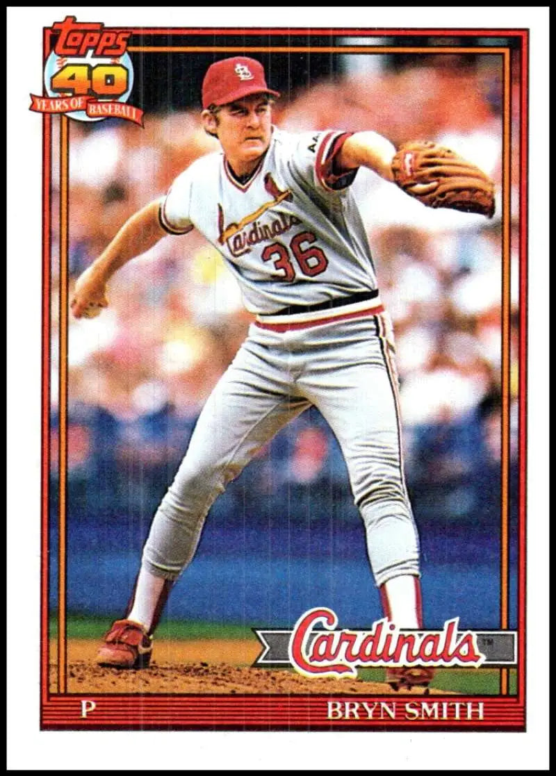 Bryn Smith mid-delivery in 1991 Topps #743 St. Louis Cardinals Baseball Card