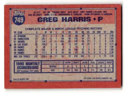 Baseball card back of 1991 Topps #749 Greg Harris San Diego Padres Original Gloss