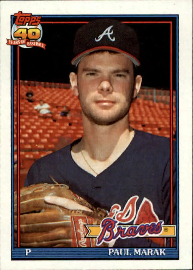 Baseball card of Paul Marak in navy Atlanta Braves uniform with glove