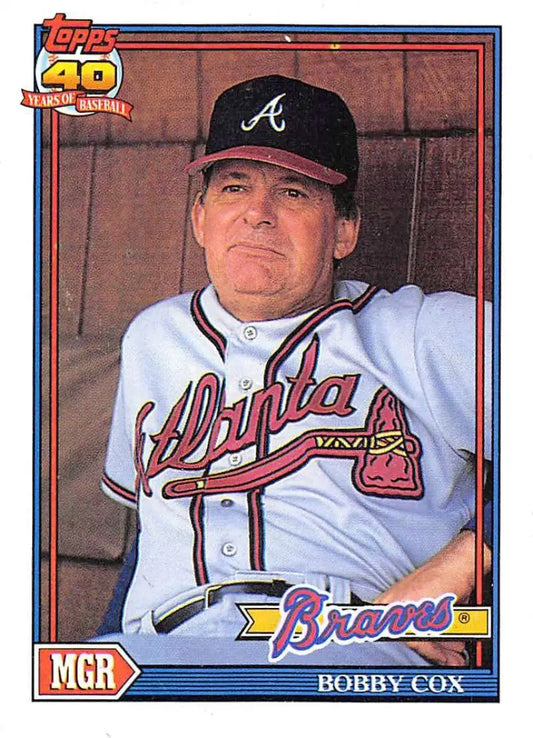 Bobby Cox Atlanta Braves baseball card in white uniform with navy cap