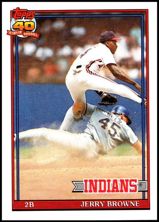 Jerry Browne Cleveland Indians baseball card depicting a double play attempt at second base