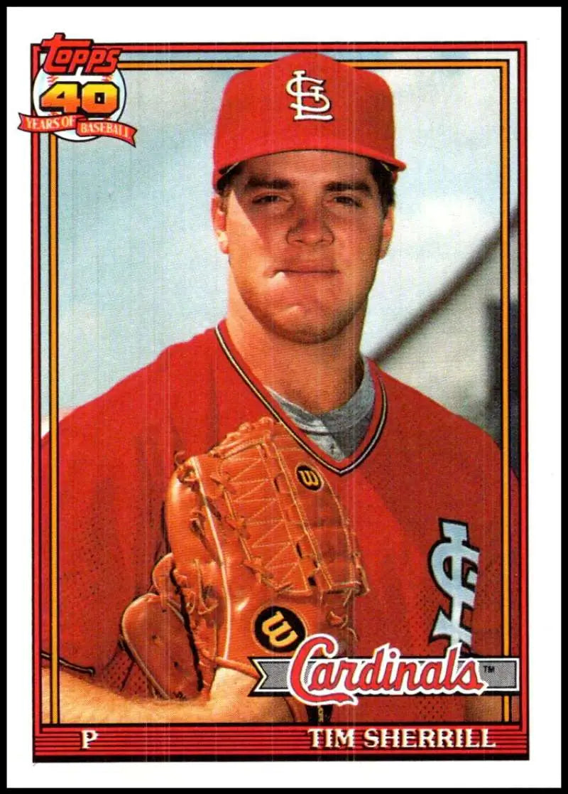 Tim Sherrill in red uniform holding glove on 1991 St. Louis Cardinals baseball card