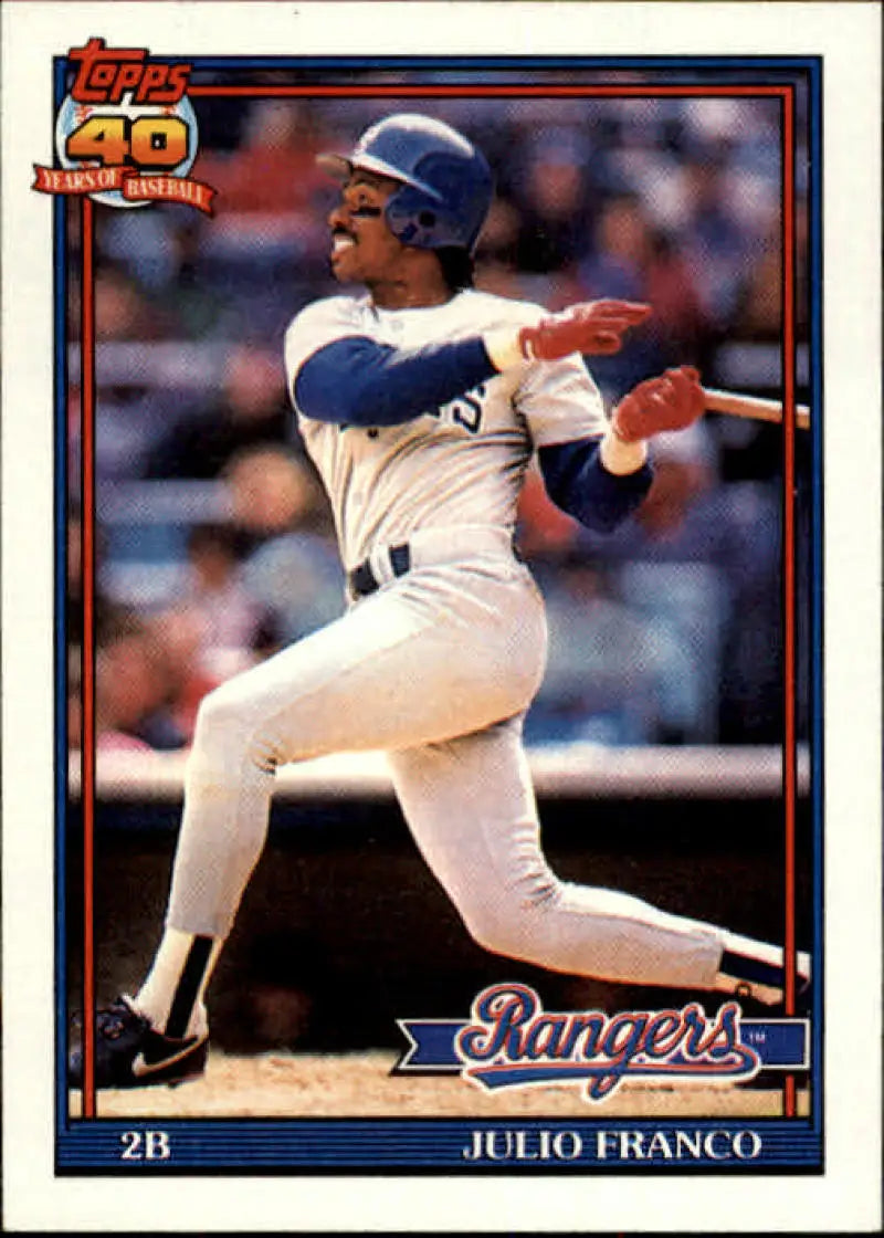 Julio Franco at bat in white Texas Rangers uniform on 1991 Topps baseball card