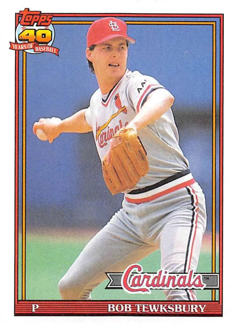 Baseball card of Bob Tewksbury, St. Louis Cardinals pitcher in mid-throwing motion