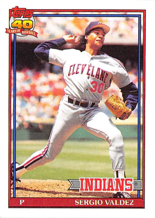 Cleveland Indians baseball card of Sergio Valdez mid-throw in gray road uniform