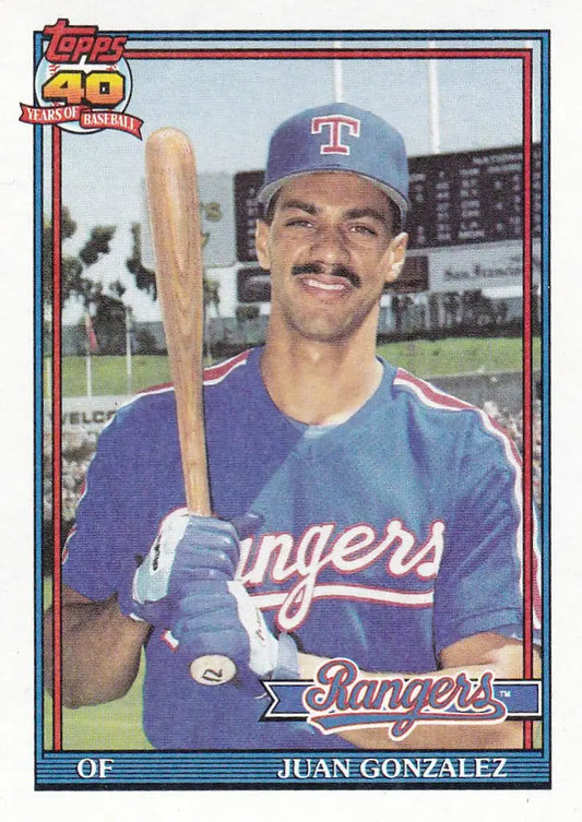 Baseball card of Topps Juan Gonzalez #224, smiling Rangers player with bat