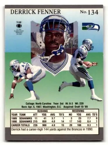 1991 Ultra Derrick Fenner Seattle Seahawks football card with original gloss condition