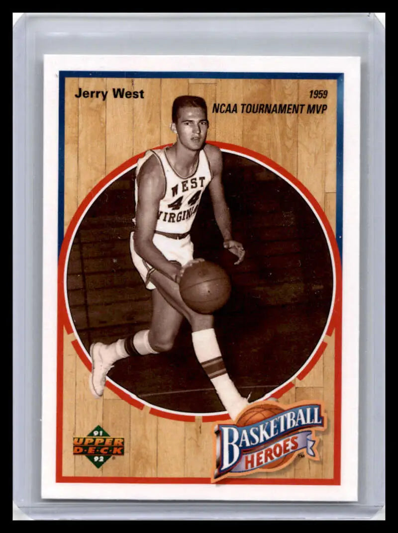 Vintage basketball trading card of Jerry West in West Virginia Mountaineers uniform