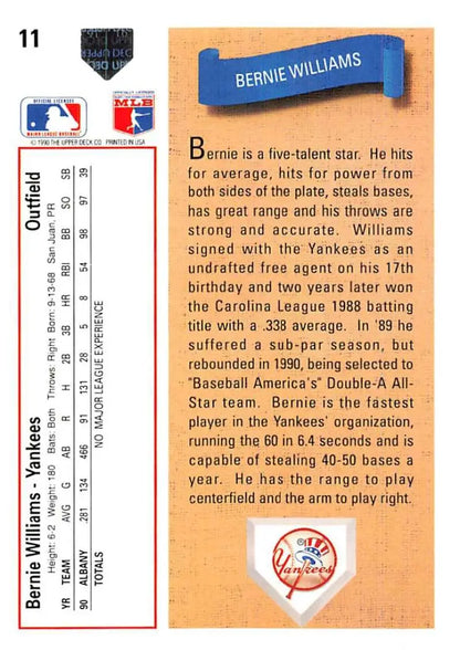 Baseball card featuring Bernie Williams statistics for New York Yankees Upper Deck